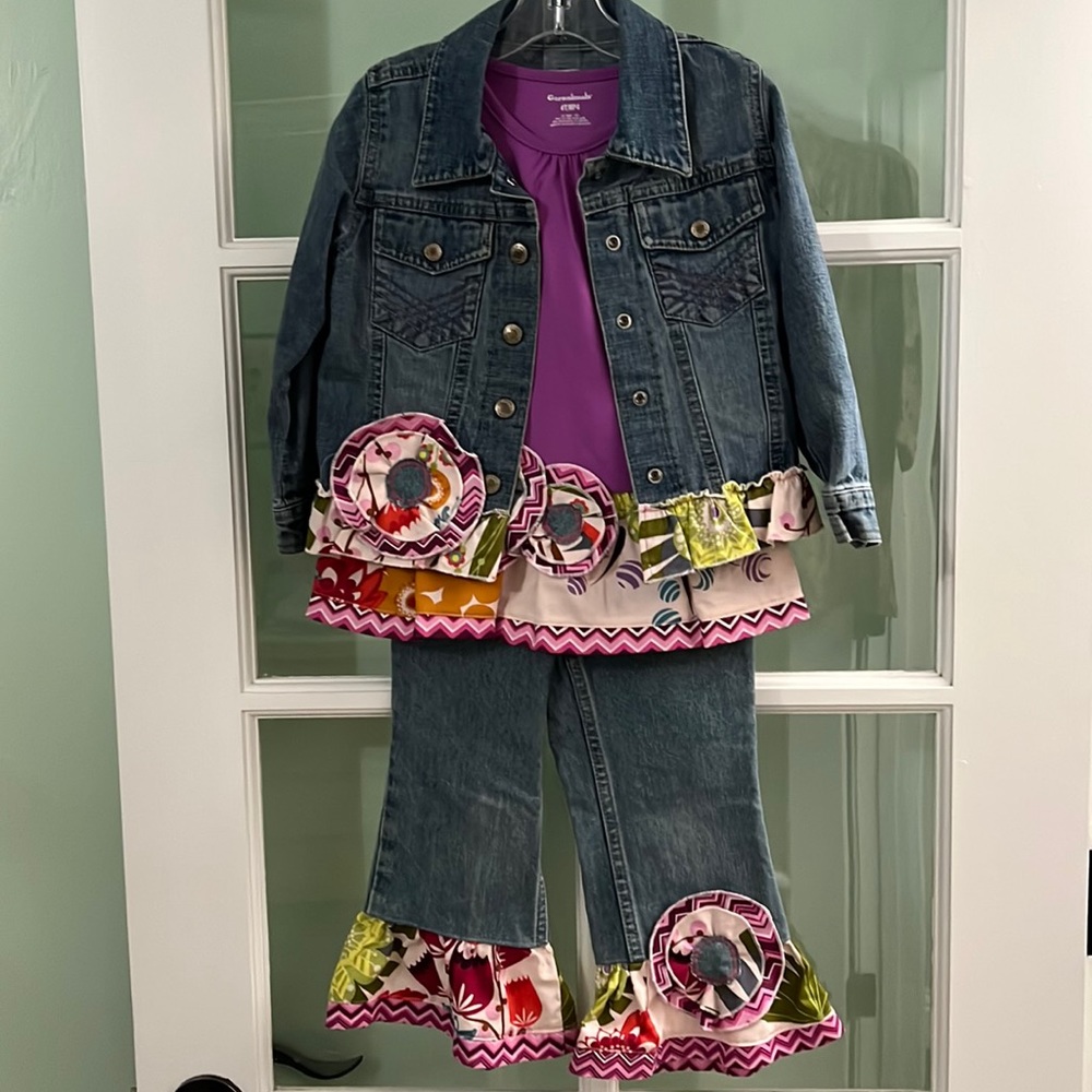 New handcrafted upcycled girls denim jeans, t-shirt and jacket, size 4T.